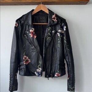 Blank NYC Black Vegan Leather Moto Jacket with Red & Blue Floral Embroidery